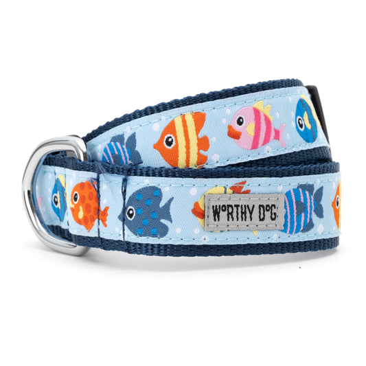 The Worthy Dog Fishy Collar, light blue with colorful fish and a silver D-ring