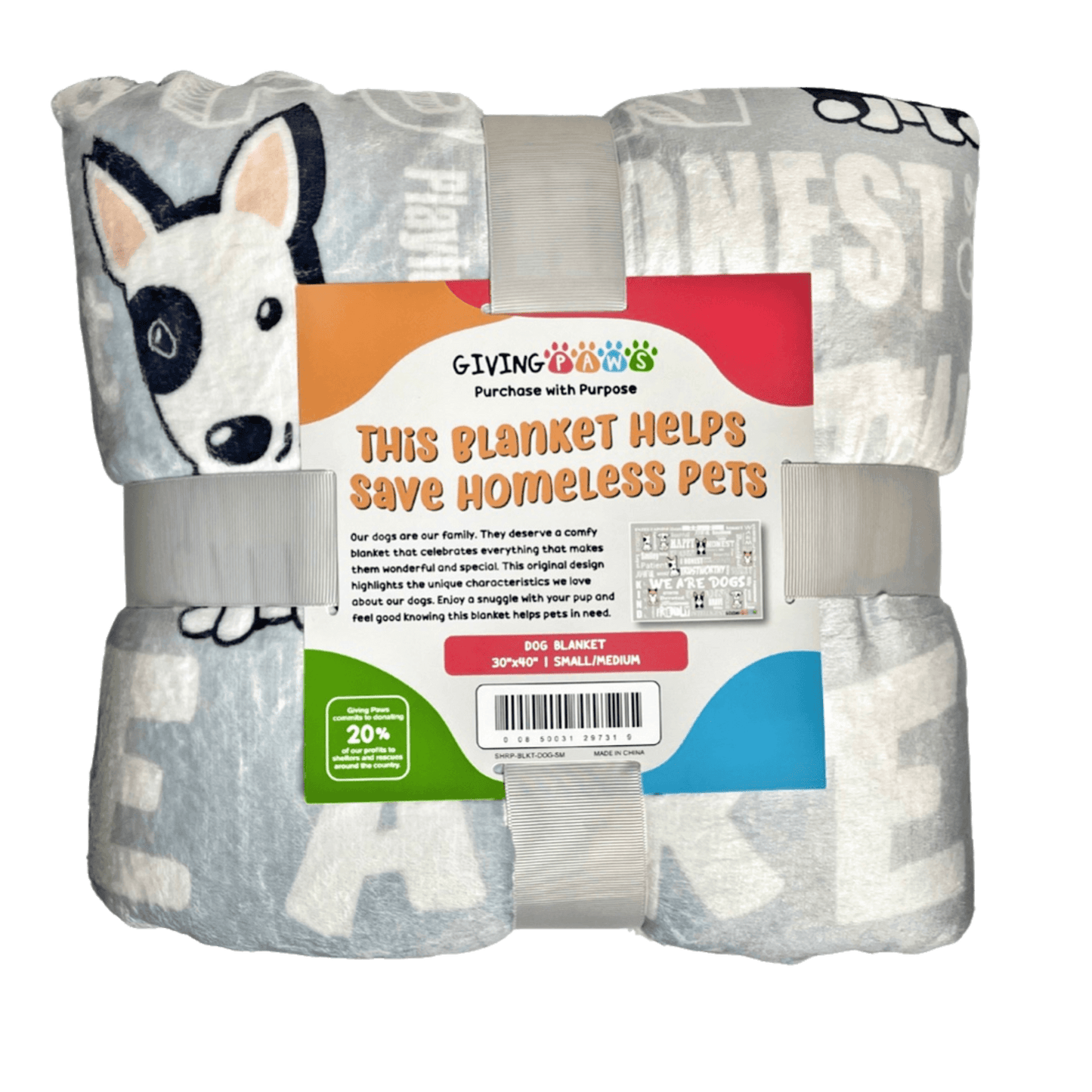 Giving Paws small medium dog blanket with dog print and informational packaging