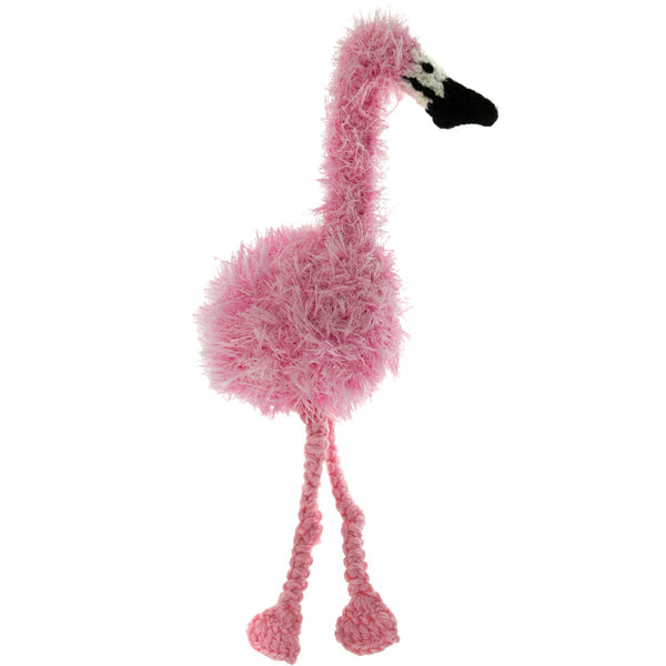 Mendota Pet Oomaloo flamingo pet toy with pink fuzzy body and long crocheted legs