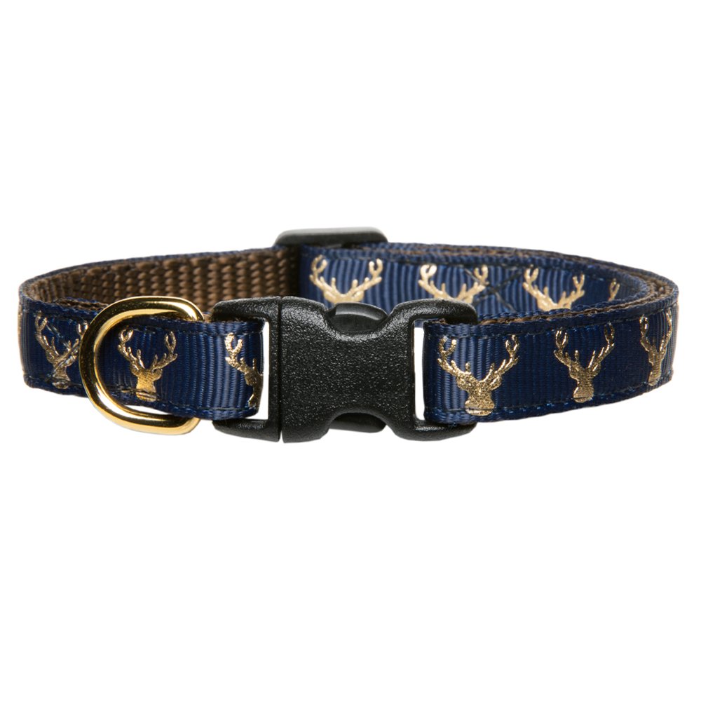 Sweet Pickles Designs The Big League cat collar in navy blue with gold deer head pattern and black buckle