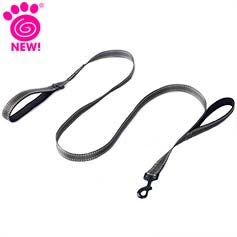 Black dog leash with a padded handle and a metal clip