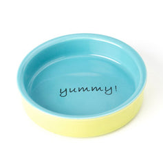 Light blue and yellow ceramic pet bowl with the word yummy written in the center