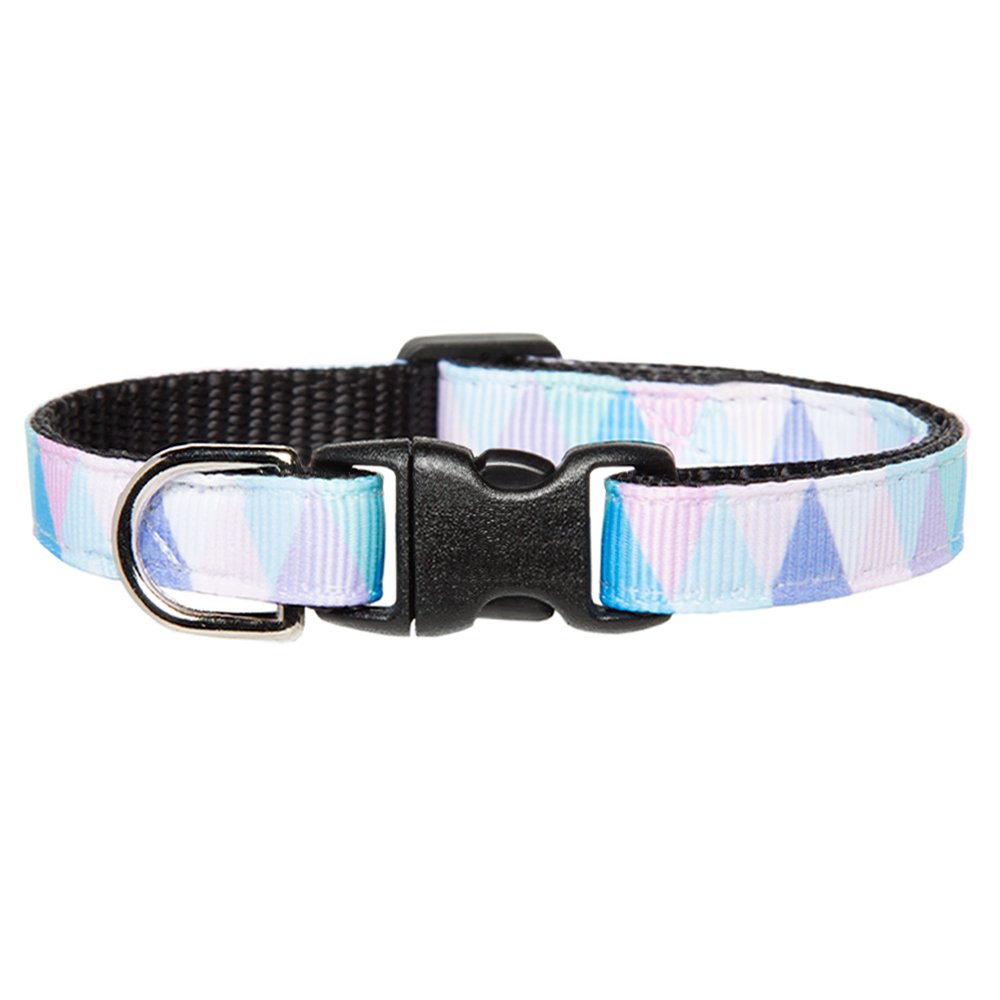 Sweet Pickles Designs The Late Riser cat collar with blue and purple triangle pattern and black buckle