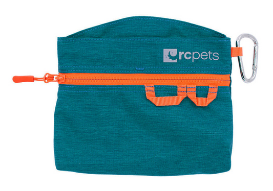RC Pets teal treat bag with orange zipper and carabiner clip
