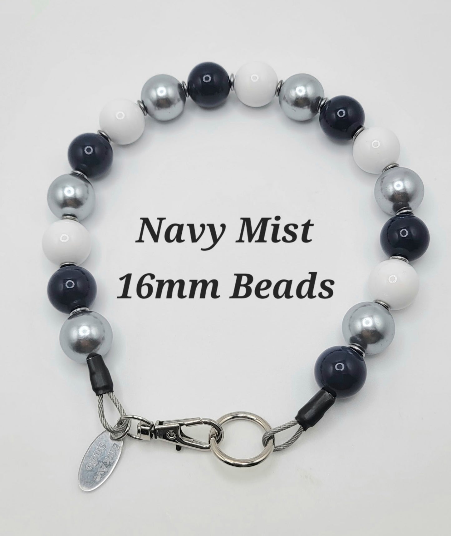 Navy Mist 16mm Beaded Lanyard by BirkAve Studio, featuring navy, silver, and white beads