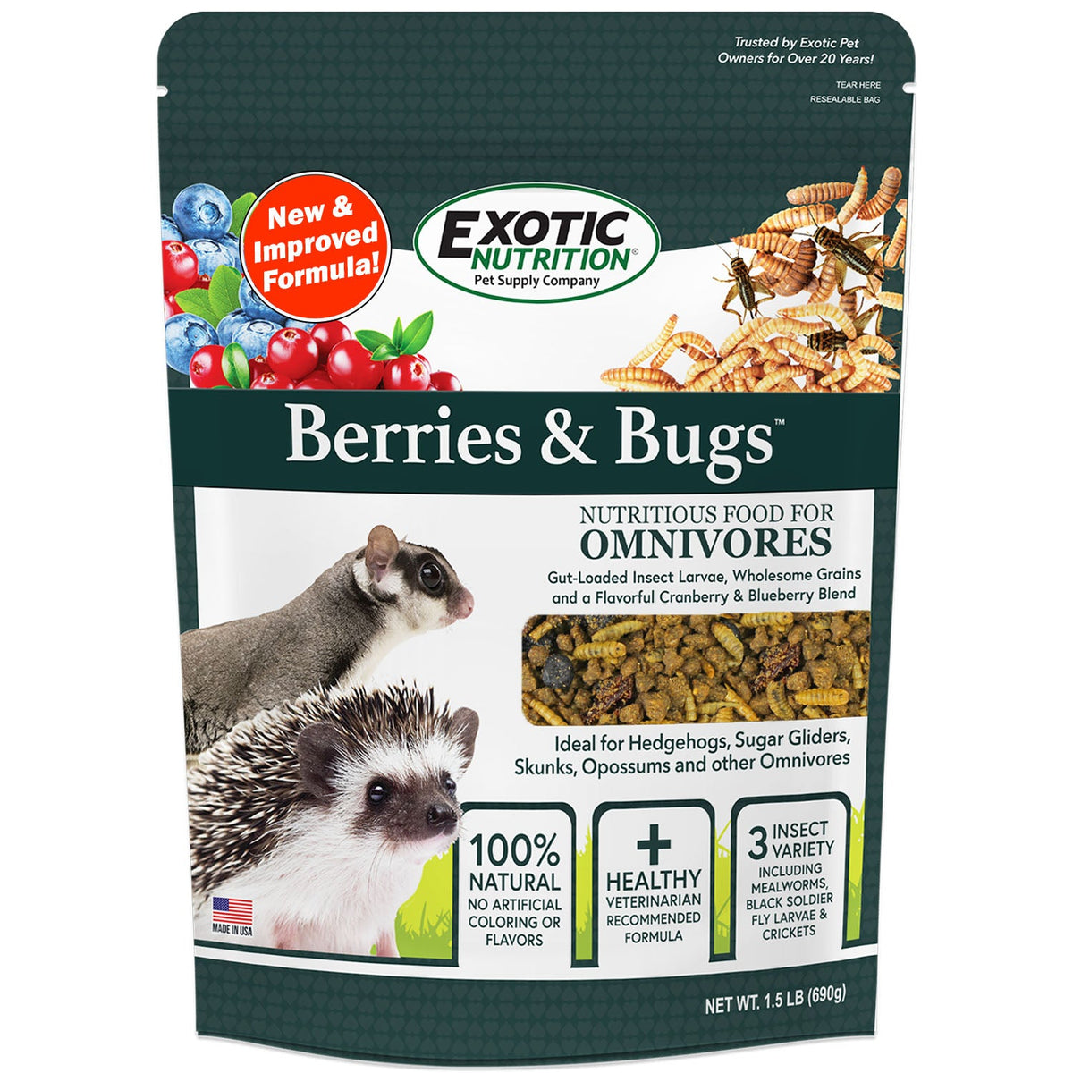 Exotic Nutrition Berries & Bugs food for omnivores with hedgehog and sugar glider