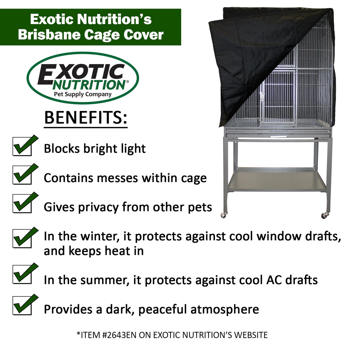 Exotic Nutrition Brisbane Cage Cover on a cage with a list of benefits