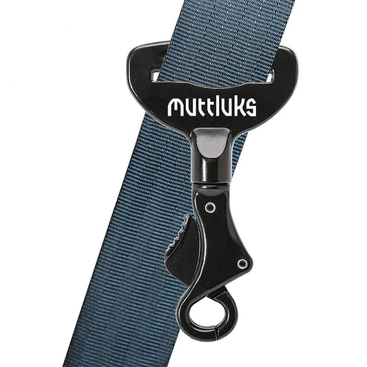 Muttluks brand logo on a black metal clip attached to a blue fabric strap