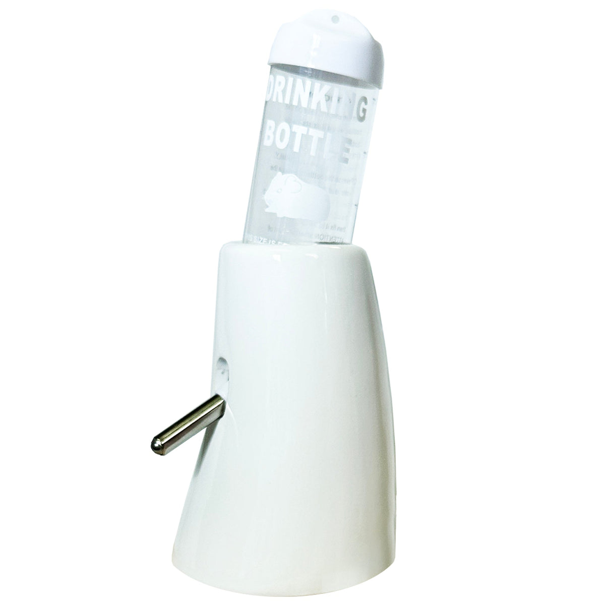 White ceramic pet drinking bottle with a clear plastic bottle and metal spout