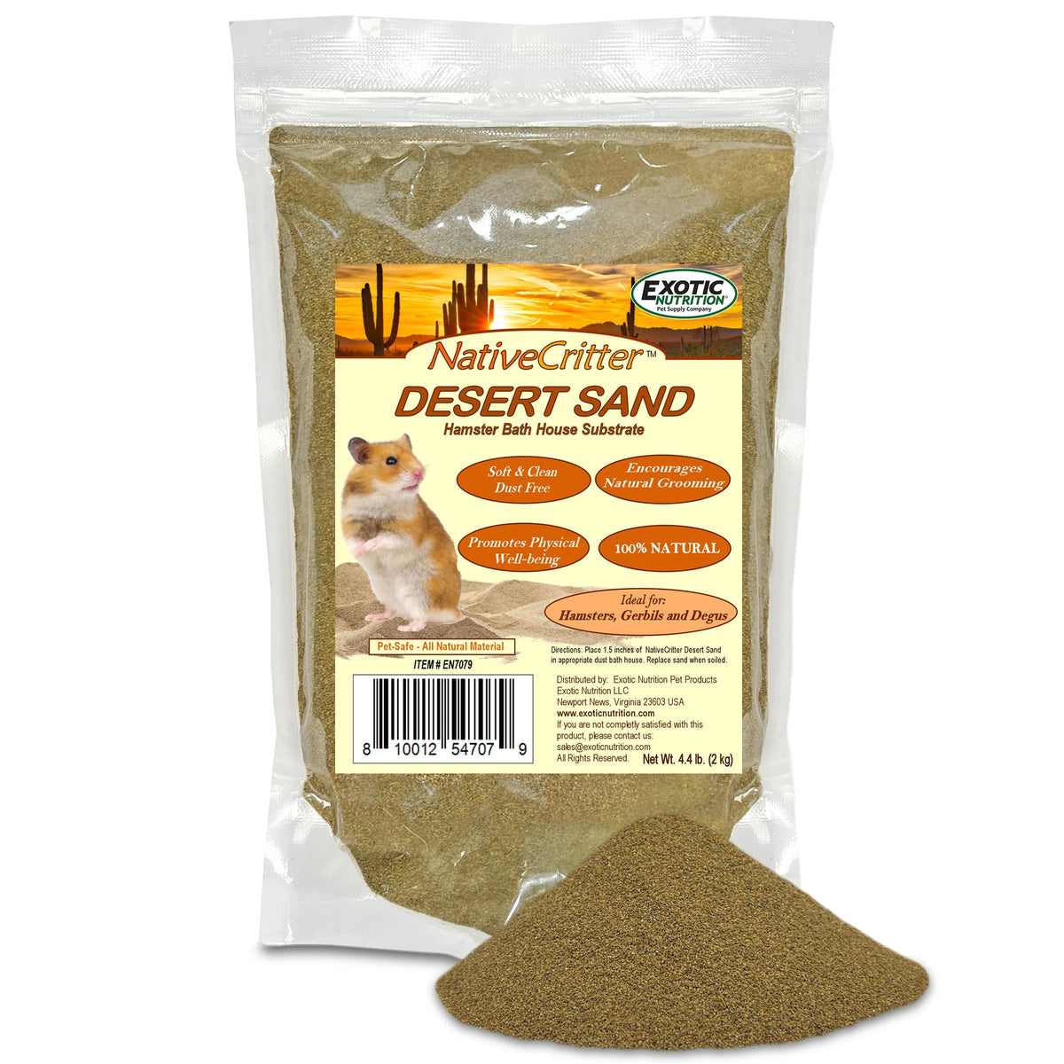 NativeCritter Desert Sand Hamster Bath House Substrate 4.4 lb bag with a hamster on the label