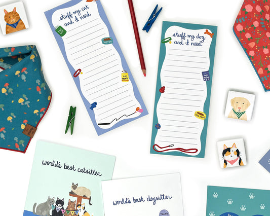 Pet-themed stationery including cat and dog shopping lists, greeting cards, and pet bandanas