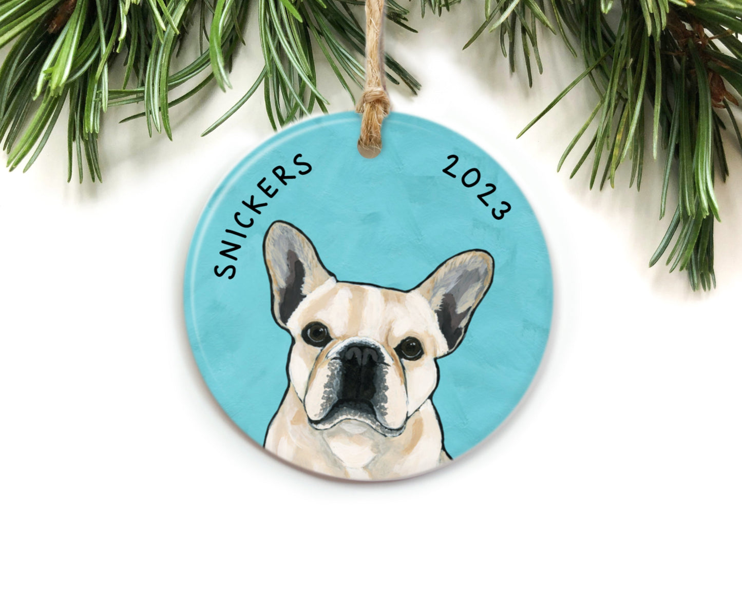 French Bulldog Ornament by The Cheery Pet (Jessi McNeal) with Snickers and 2023 on a blue background
