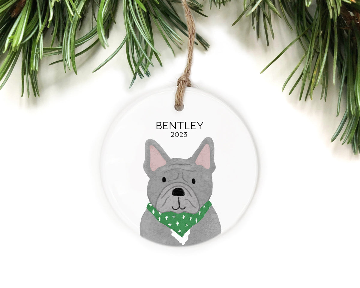 Personalized French Bulldog Christmas ornament with name Bentley and year 2023