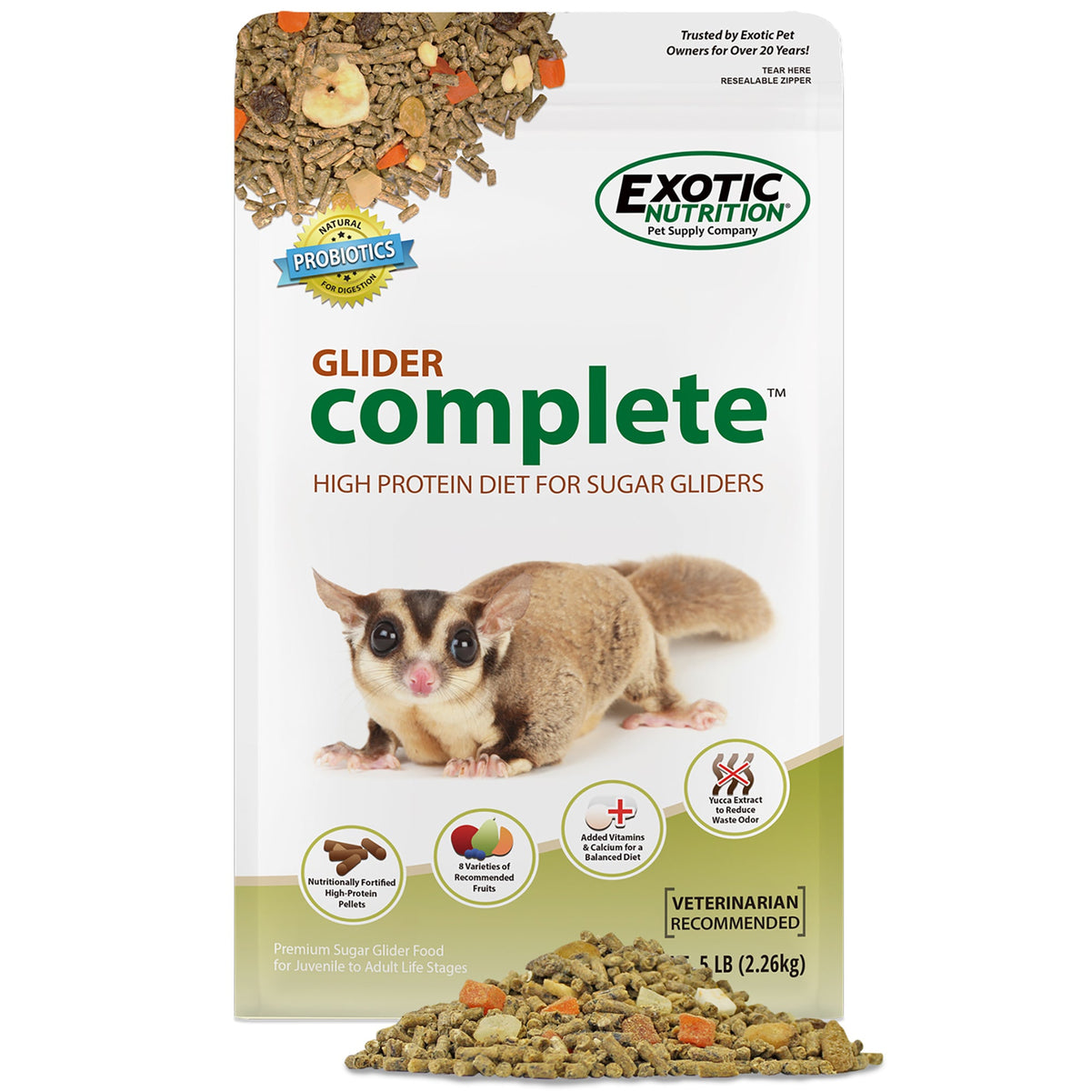 Exotic Nutrition Glider Complete Sugar Glider Food bag with a sugar glider and food pellets