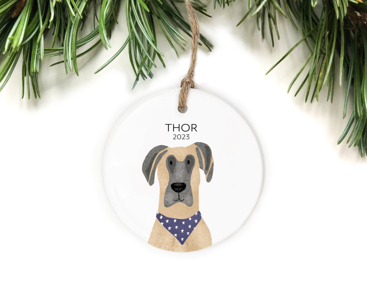 The Cheery Pet Great Dane Ornament with a blue bandana and white stars