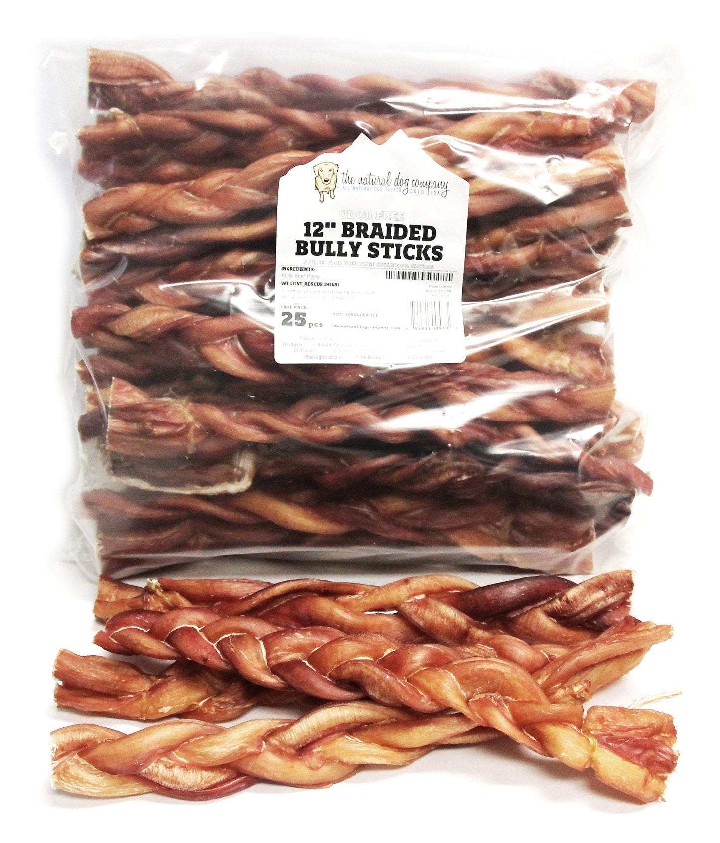 12" Thick Braided Bully Sticks - Odor Free (Bulk)- Pack of 25