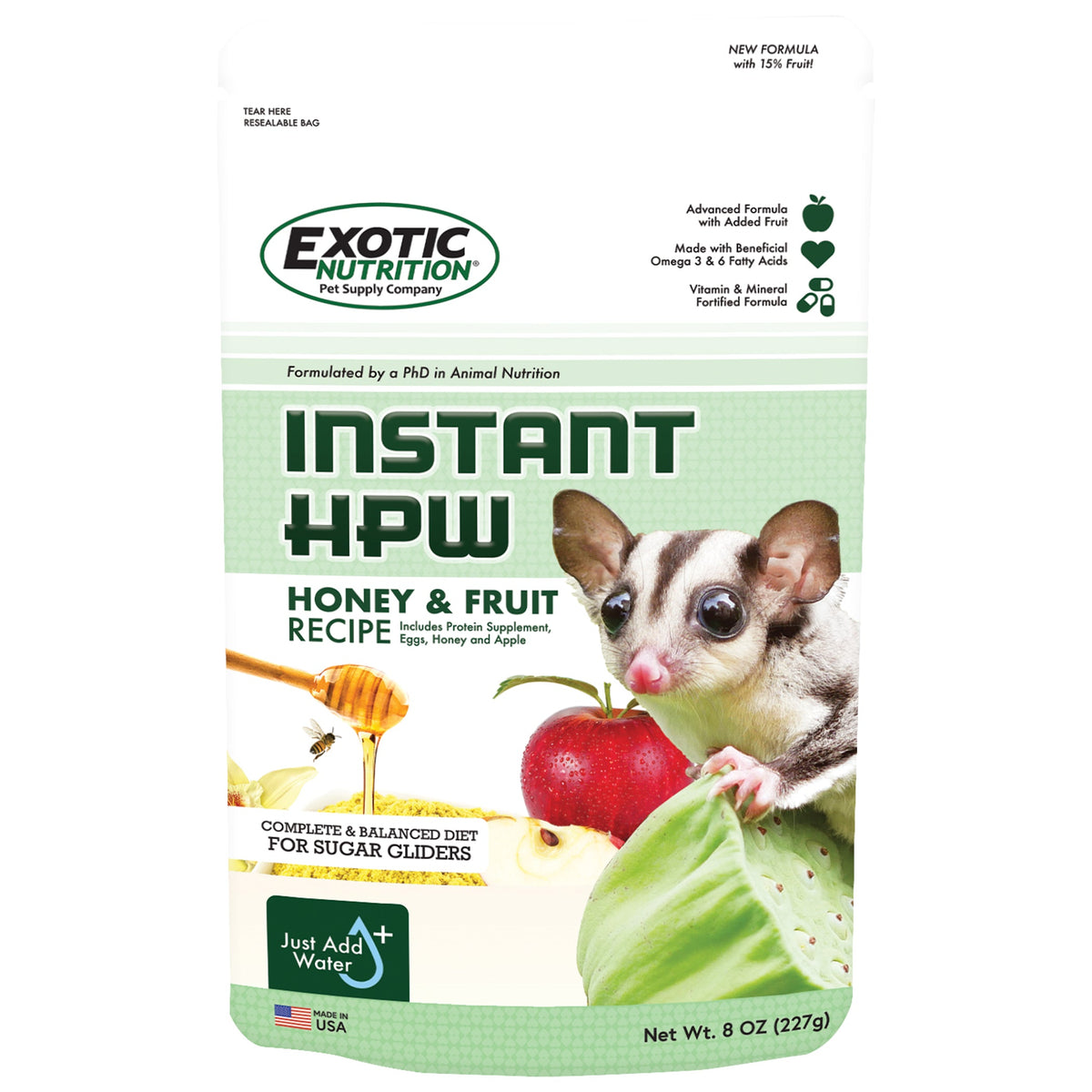 Exotic Nutrition Instant-HPW Honey & Fruit Recipe Sugar Glider Food packaging with a sugar glider