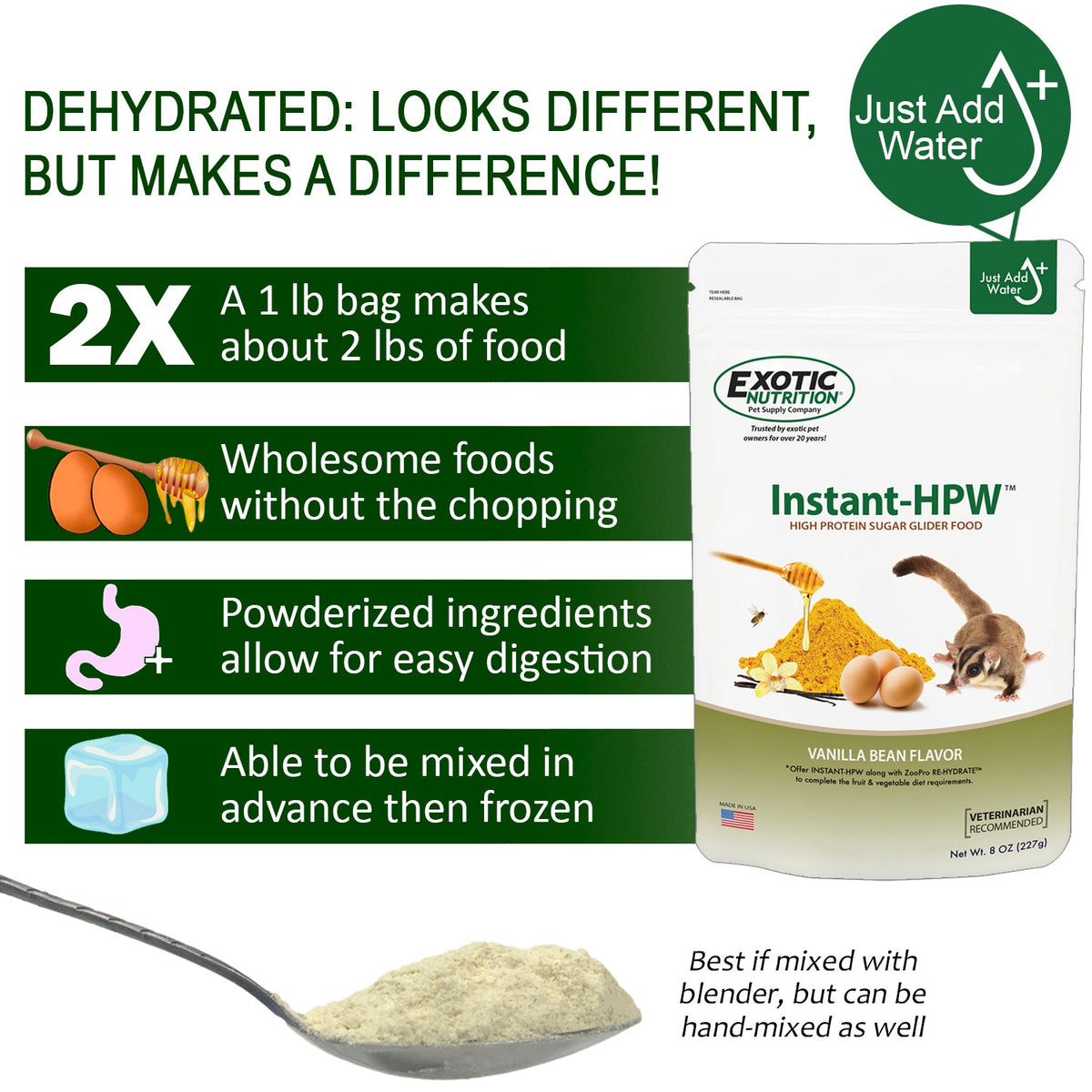 Exotic Nutrition Instant-HPW High Protein Sugar Glider Food, Vanilla Bean Flavor, 8 oz bag