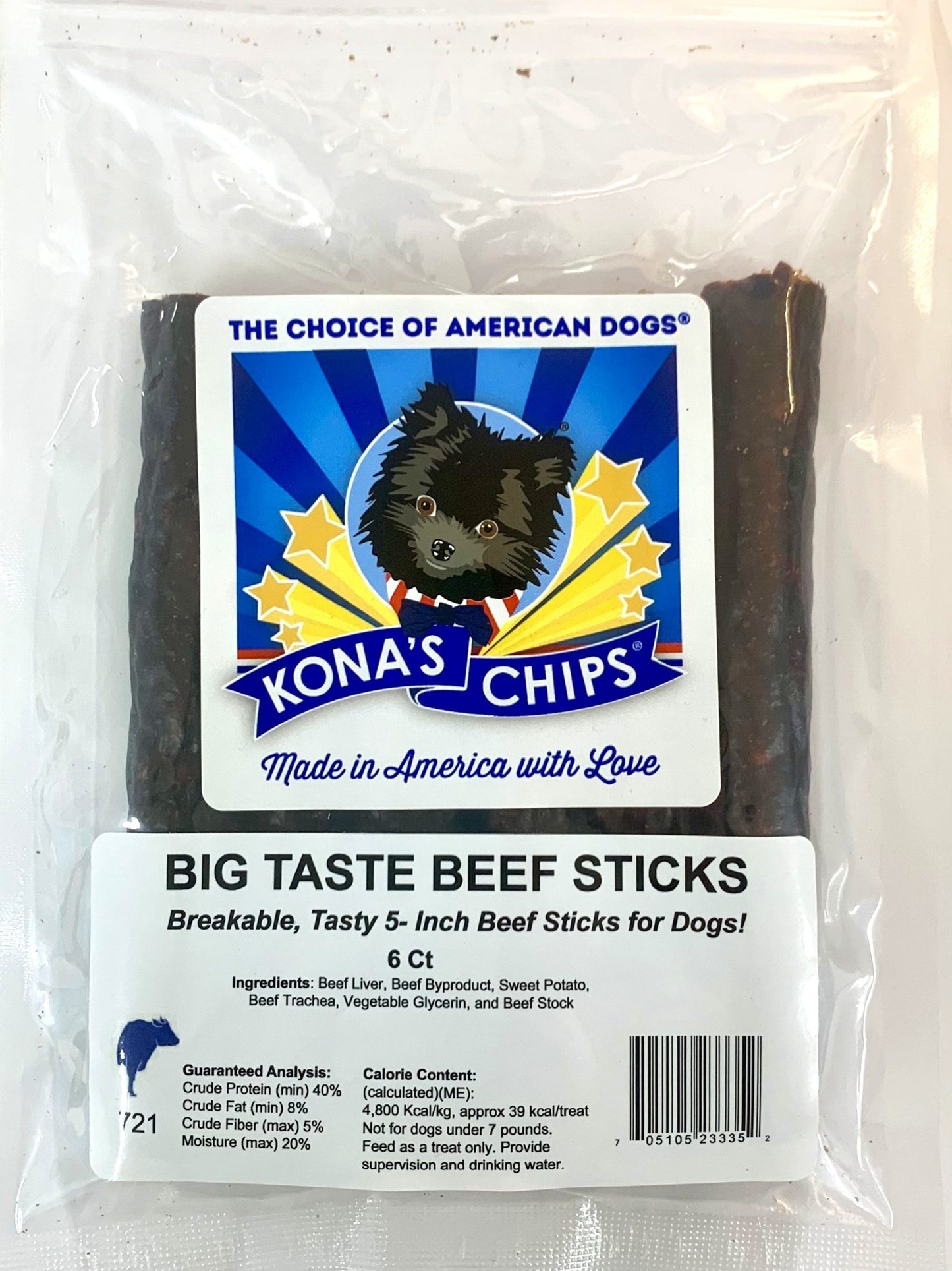 Kona's Chips Big Taste Beef Sticks 5 inch – 6 Pack in clear packaging