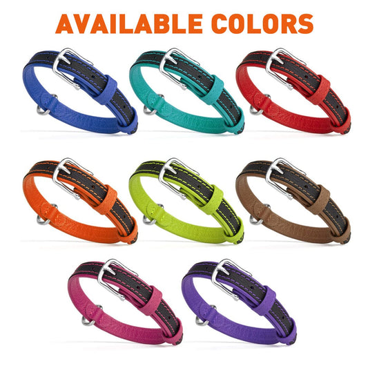 DOGLINE Soft Leather Dual-Color Flat Dog Collar in blue, teal, red, orange, lime, brown, pink, and purple