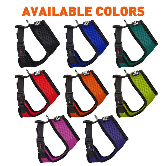 Nine dog harnesses in black, blue, teal, red, orange, lime green, pink, and purple