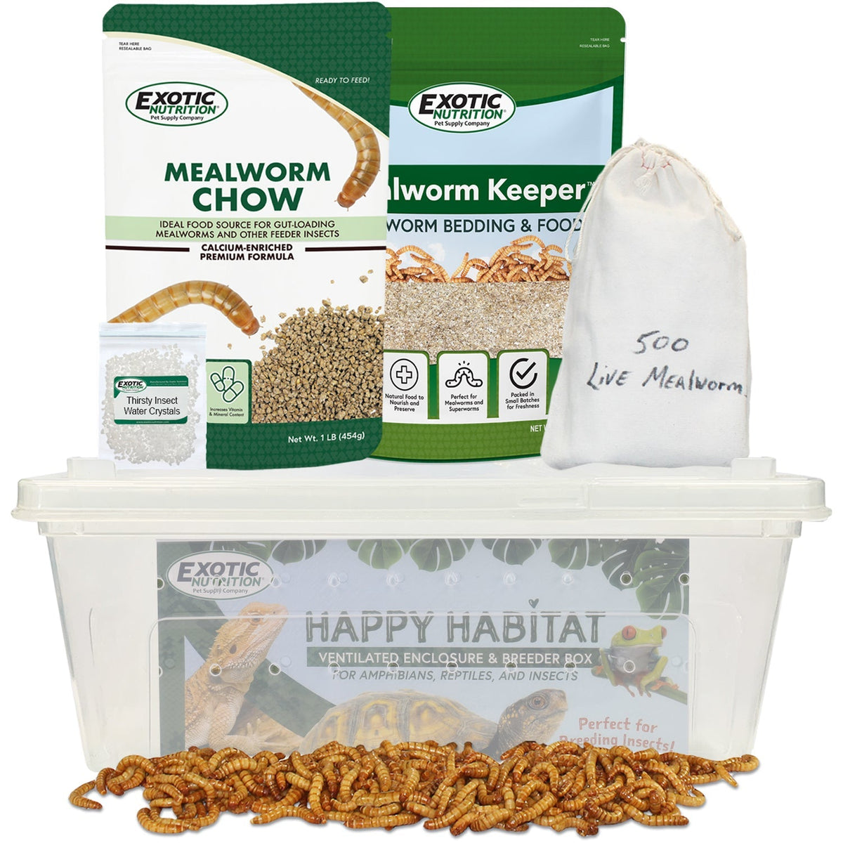 Exotic Nutrition Mealworm Breeder Kit with chow, keeper, water crystals, and live mealworms