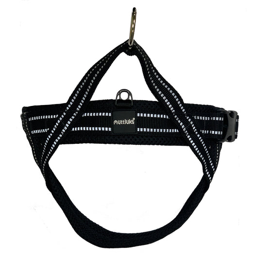 Muttluks black dog harness with reflective white stripes and a metal D-ring