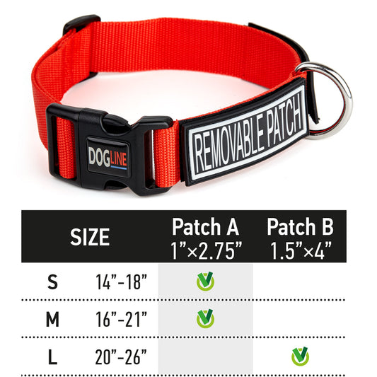 DOGLINE Omega Nylon Flat Dog Collar with built-in hook and loop fastener and size chart