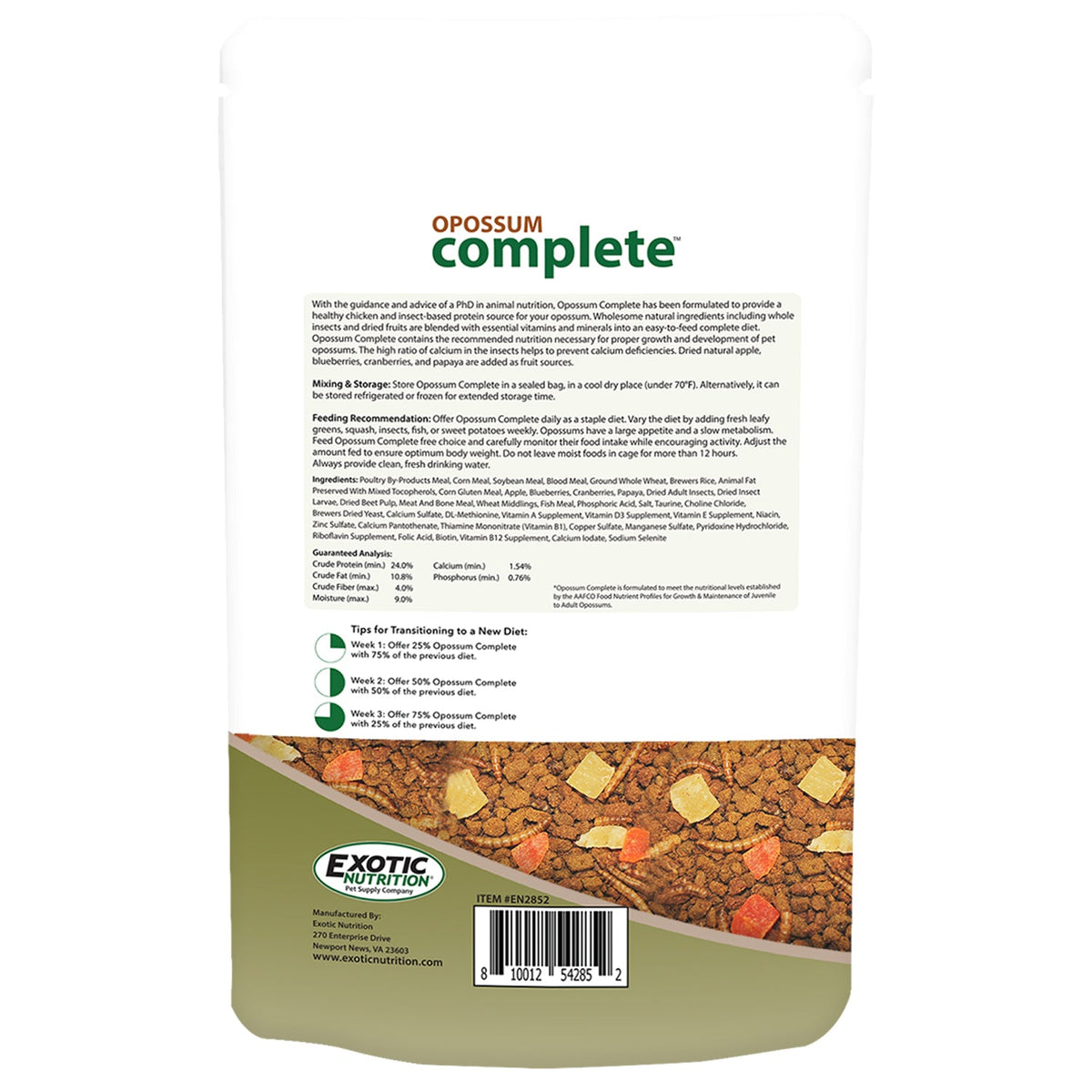 Opossum Complete food bag with ingredients and feeding recommendations