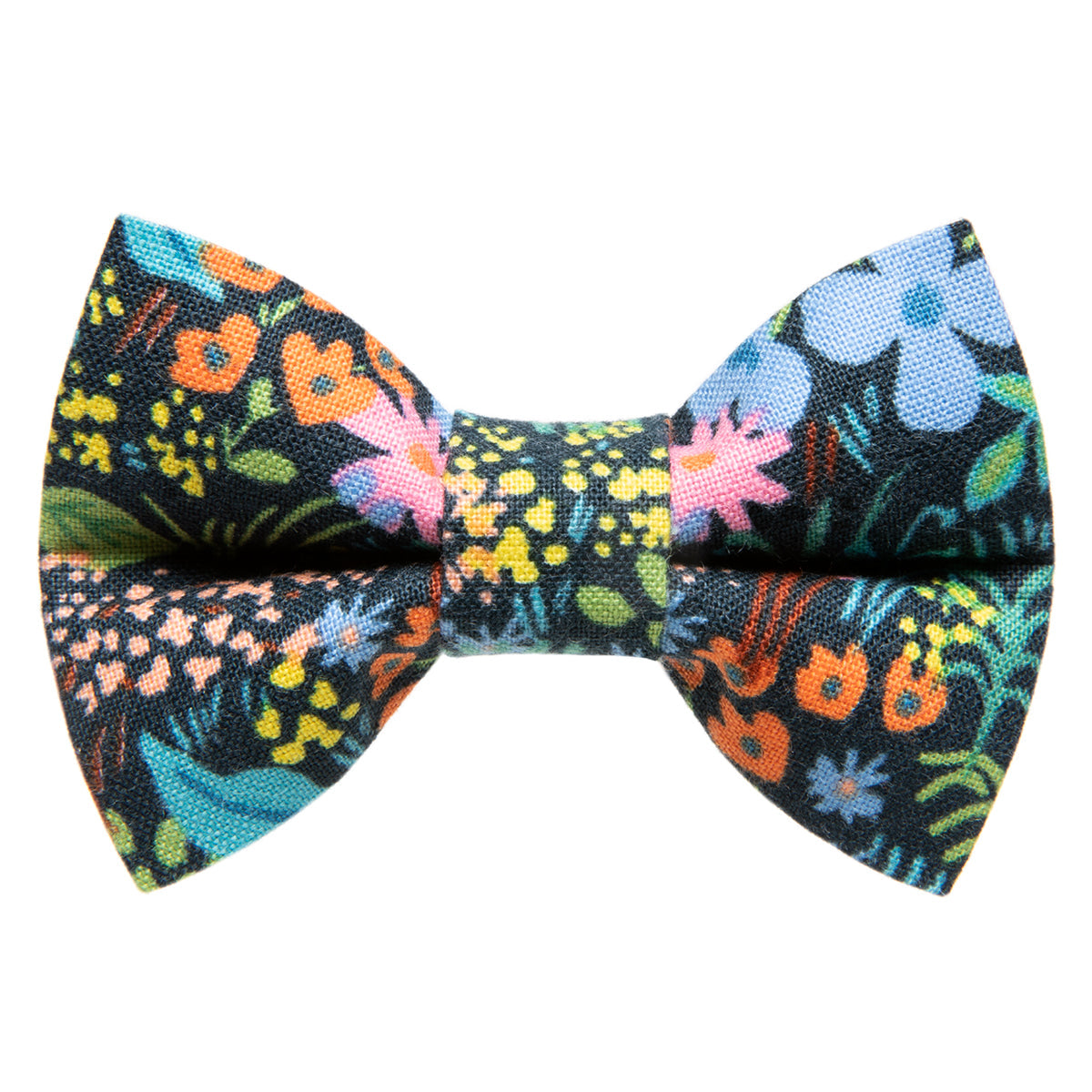 Sweet Pickles Designs The Picklestock bow tie with a black fabric featuring a colorful floral pattern