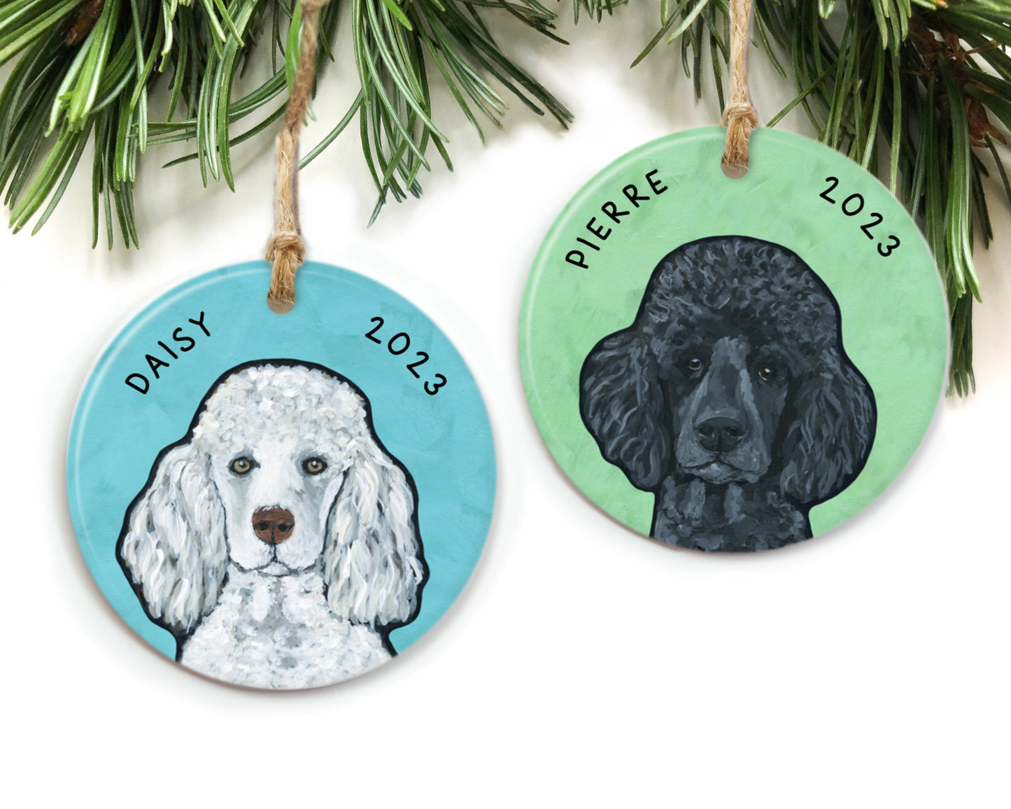 Two custom pet portrait ornaments, one with a white poodle on blue, one with a black poodle on green