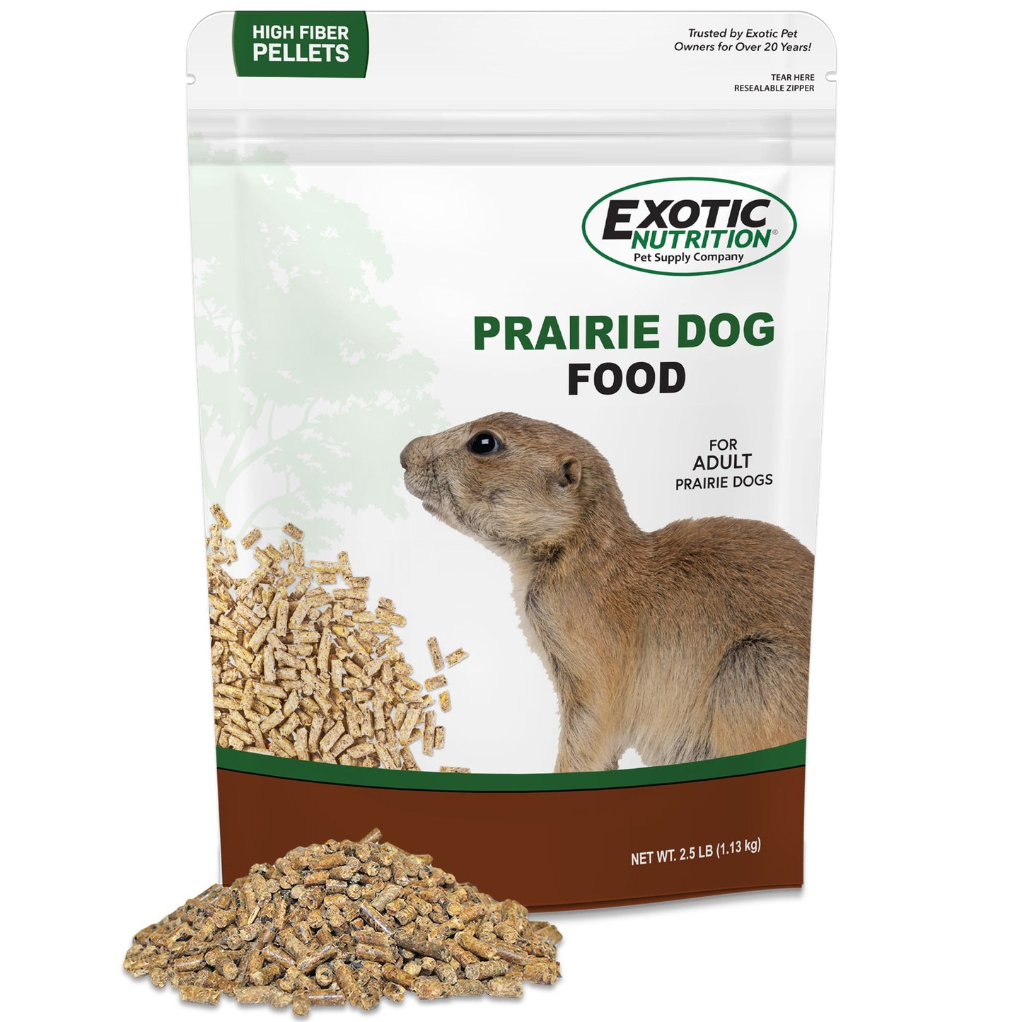 Exotic Nutrition Prairie Dog Food bag with a prairie dog illustration and a pile of food pellets