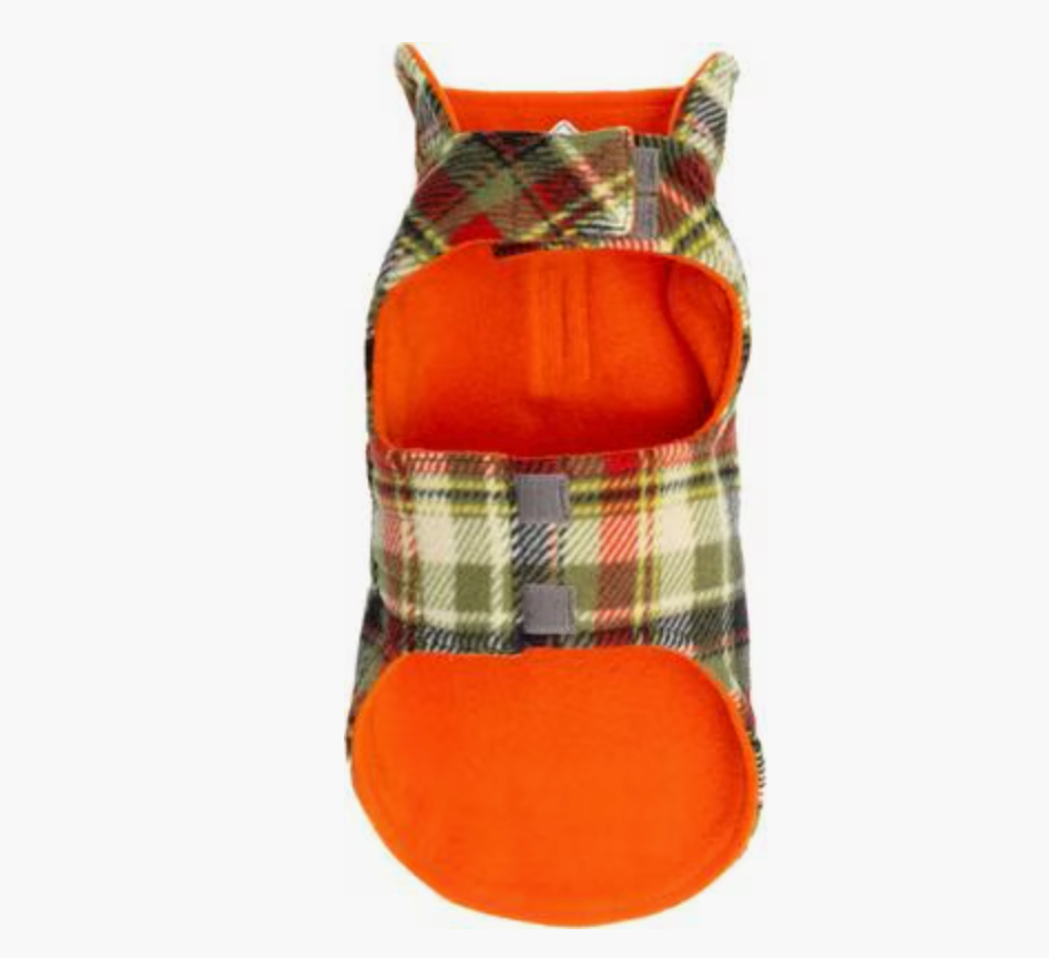 Green and red plaid dog coat with orange lining