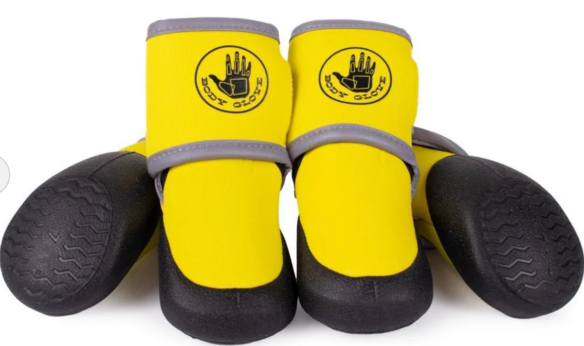 Body Glove Paw Protector Booties in bright yellow with black soles and grey trim