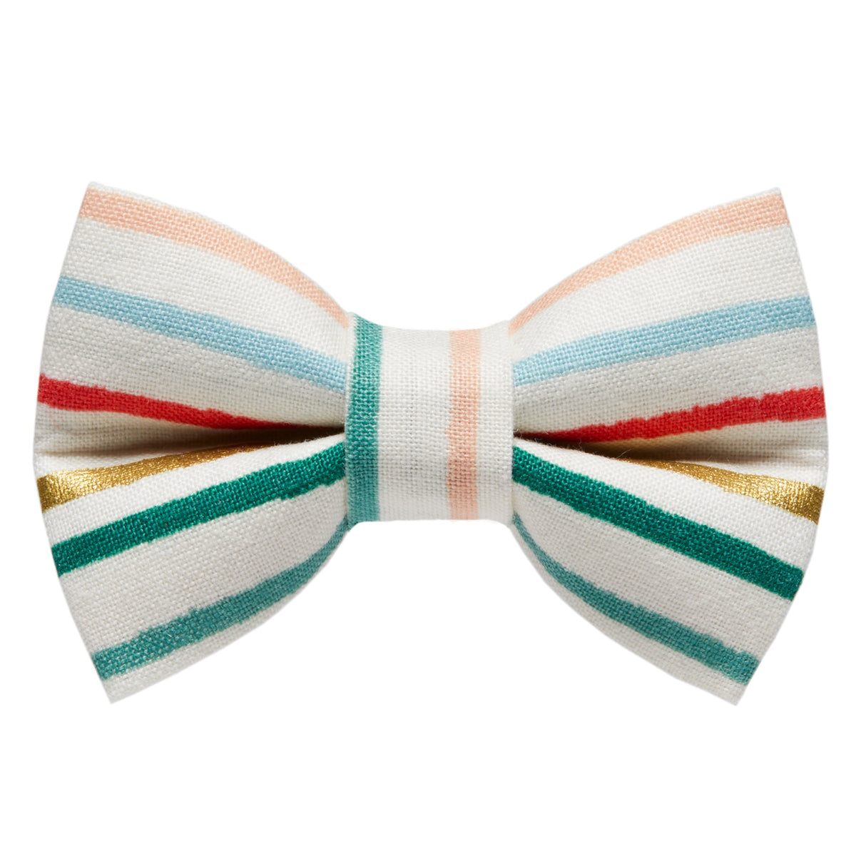 White bow tie with horizontal stripes in red blue green and gold