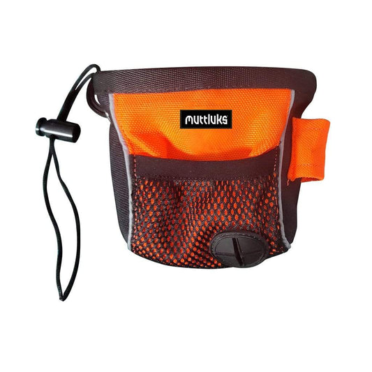 Muttluks treat pouch in black and orange with mesh pocket and drawstring closure