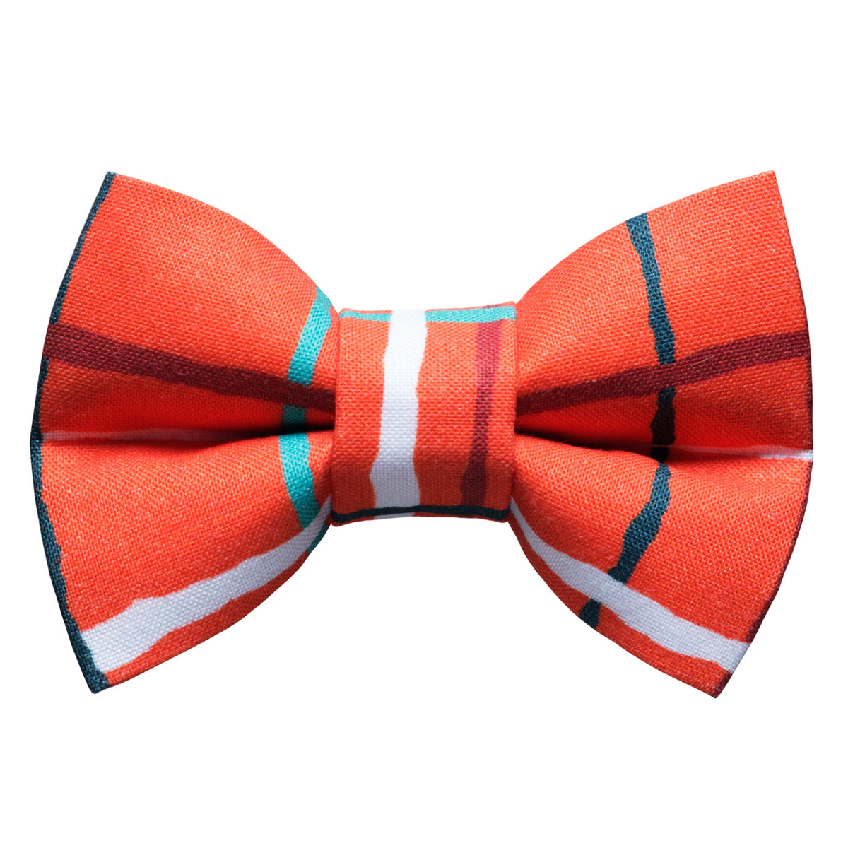 Sweet Pickles Designs The Thats a Wrap bow tie in orange with teal white and dark red striped pattern