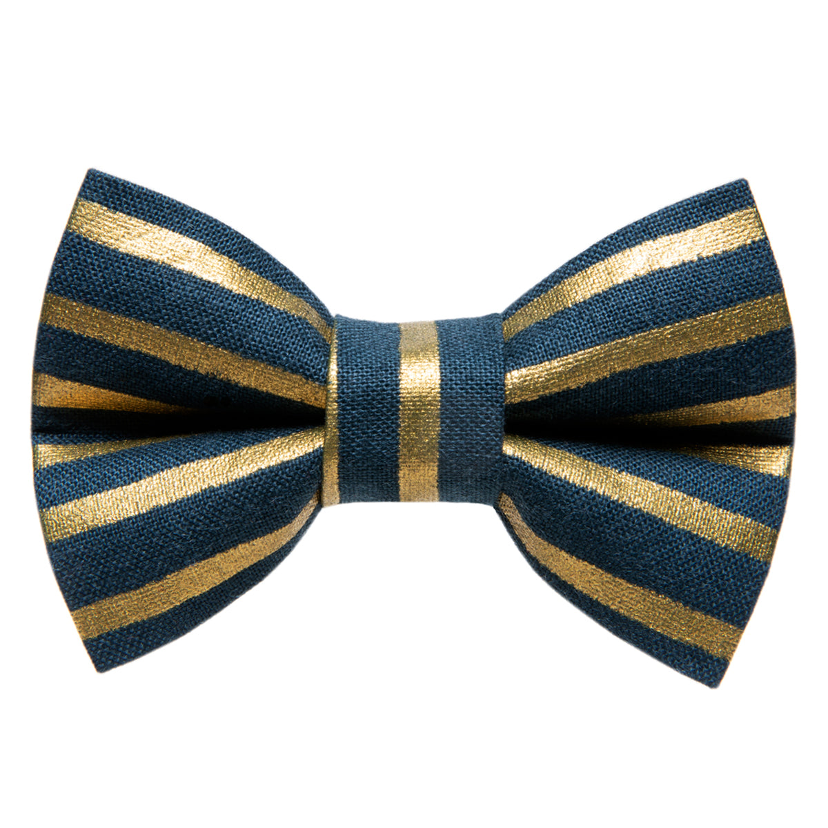Sweet Pickles Designs The Powerhouse bow tie in navy blue with metallic gold vertical stripes