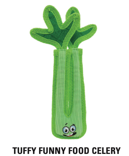 Tuffy Funny Food Celery dog toy, green plush celery stalk with cartoon eyes and mouth