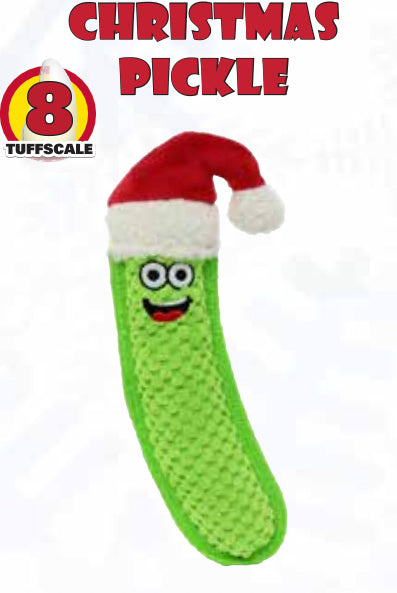 VIP Products Tuffy Funny Food Pickle Holiday dog toy wearing a Santa hat