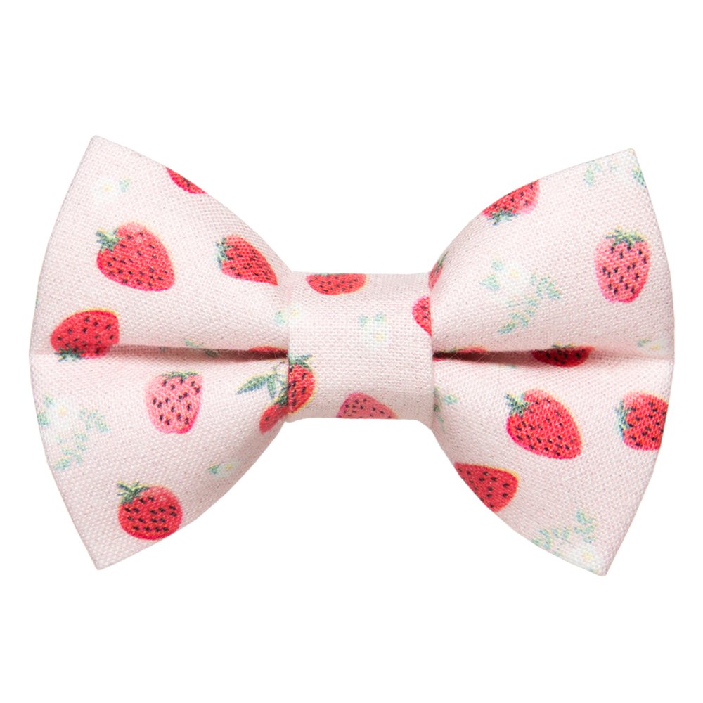 Sweet Pickles Designs The Shortcake bow tie in light pink with a red strawberry pattern