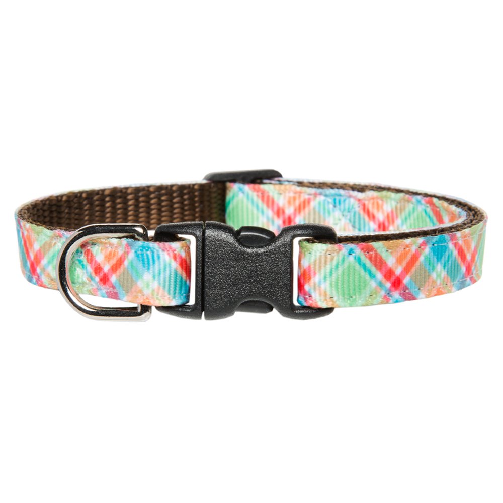 Sweet Pickles Designs The Plaid-a-Puss cat collar with a colorful plaid pattern and black plastic buckle