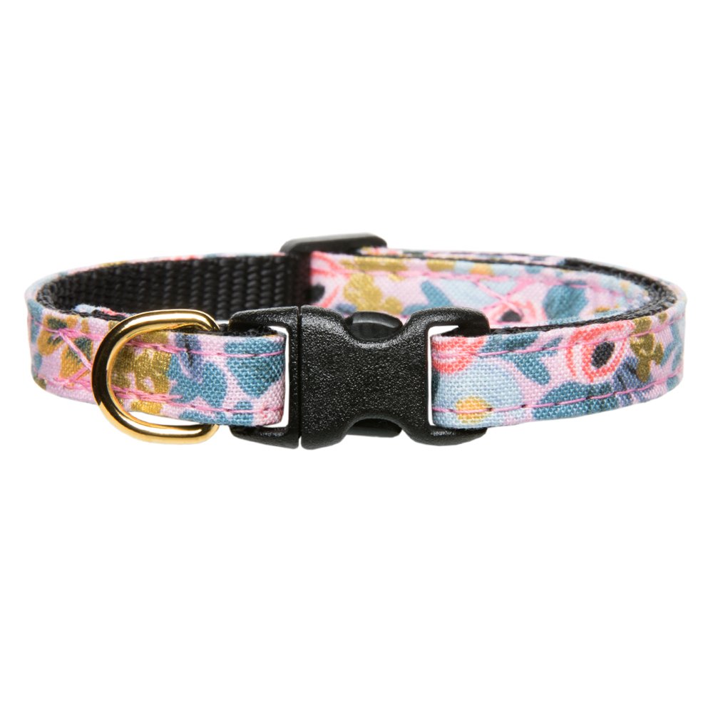 Sweet Pickles Designs The Catchella cat collar with pink and blue floral pattern and black buckle