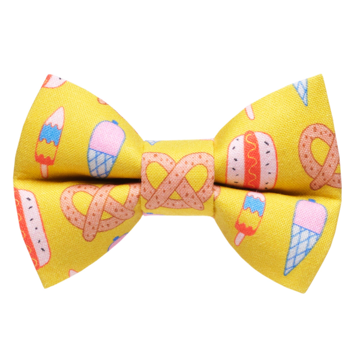 Sweet Pickles Designs The Kinda Salty bow tie in yellow with pretzel hot dog and ice cream print