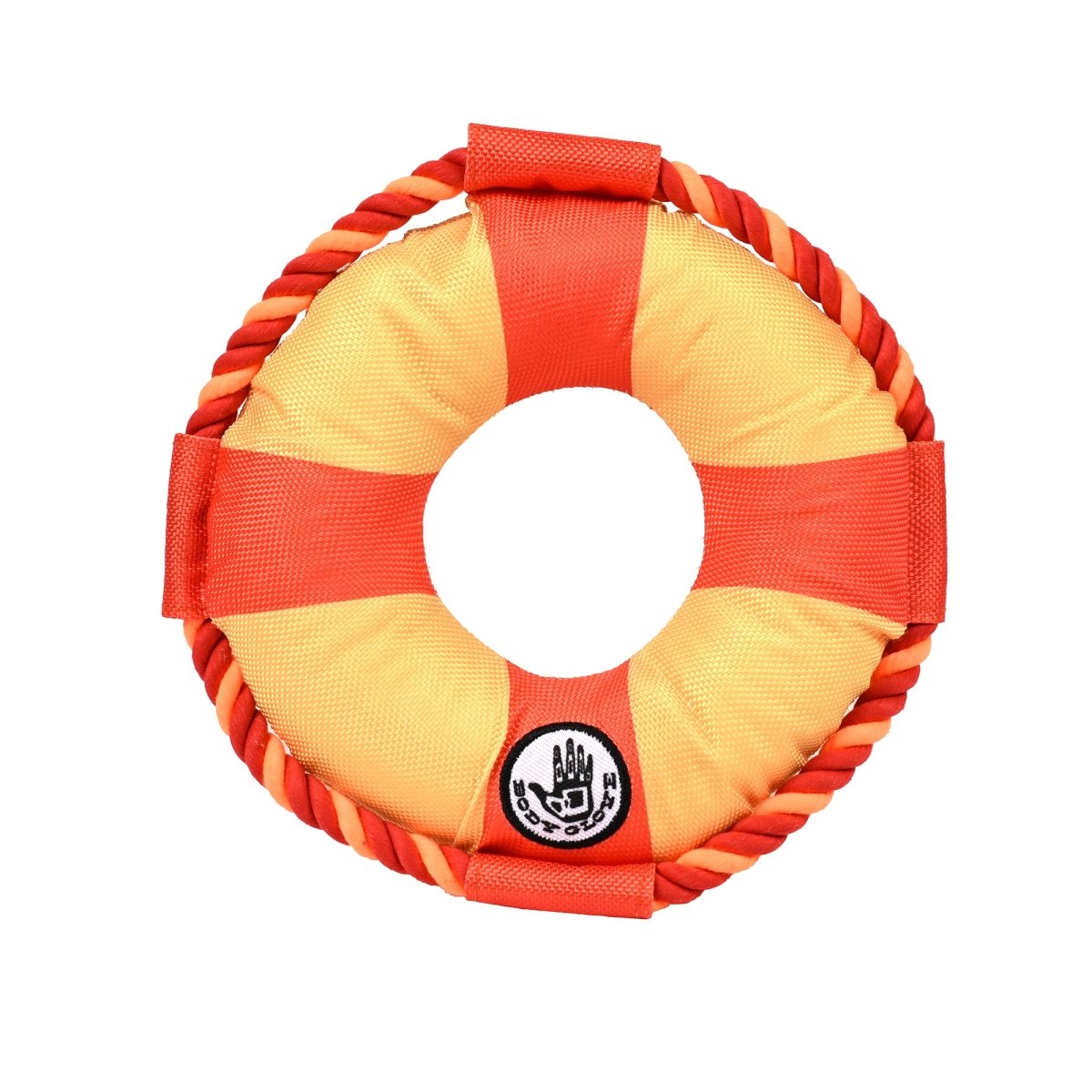 Body Glove life ring dog toy with orange and yellow fabric and a braided rope edge