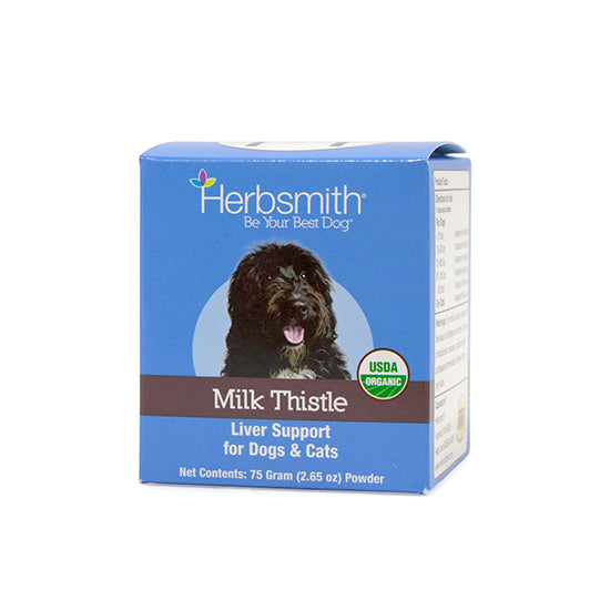 Herbsmith Milk Thistle liver support powder for dogs and cats in a blue box