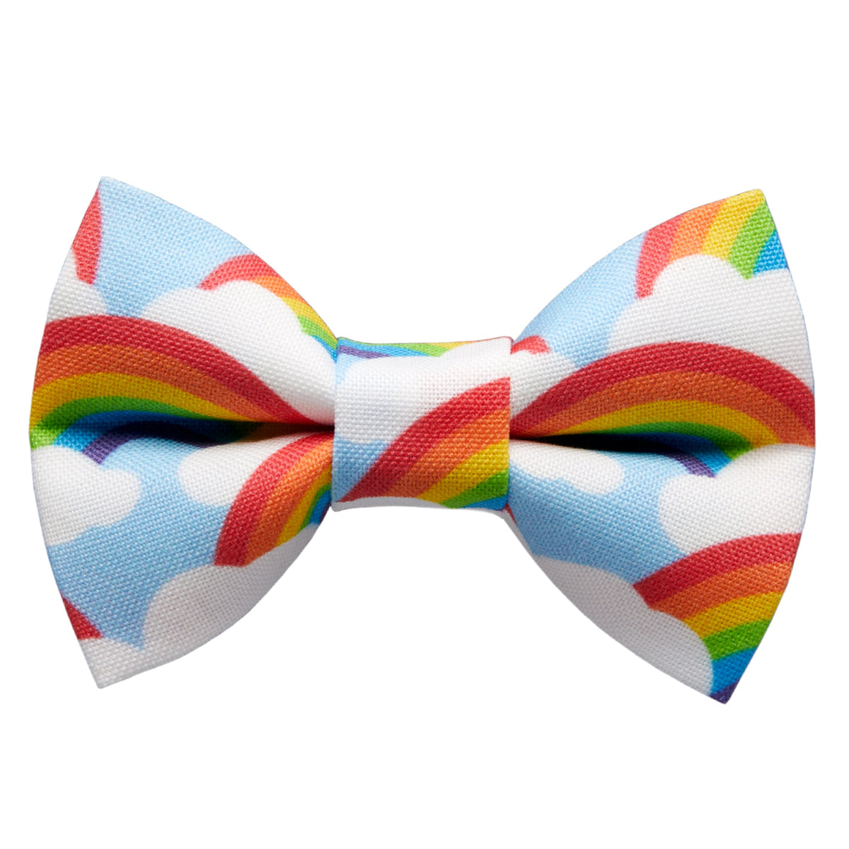 Sweet Pickles Designs The Bright Side bow tie featuring a rainbow and cloud pattern on a light blue background