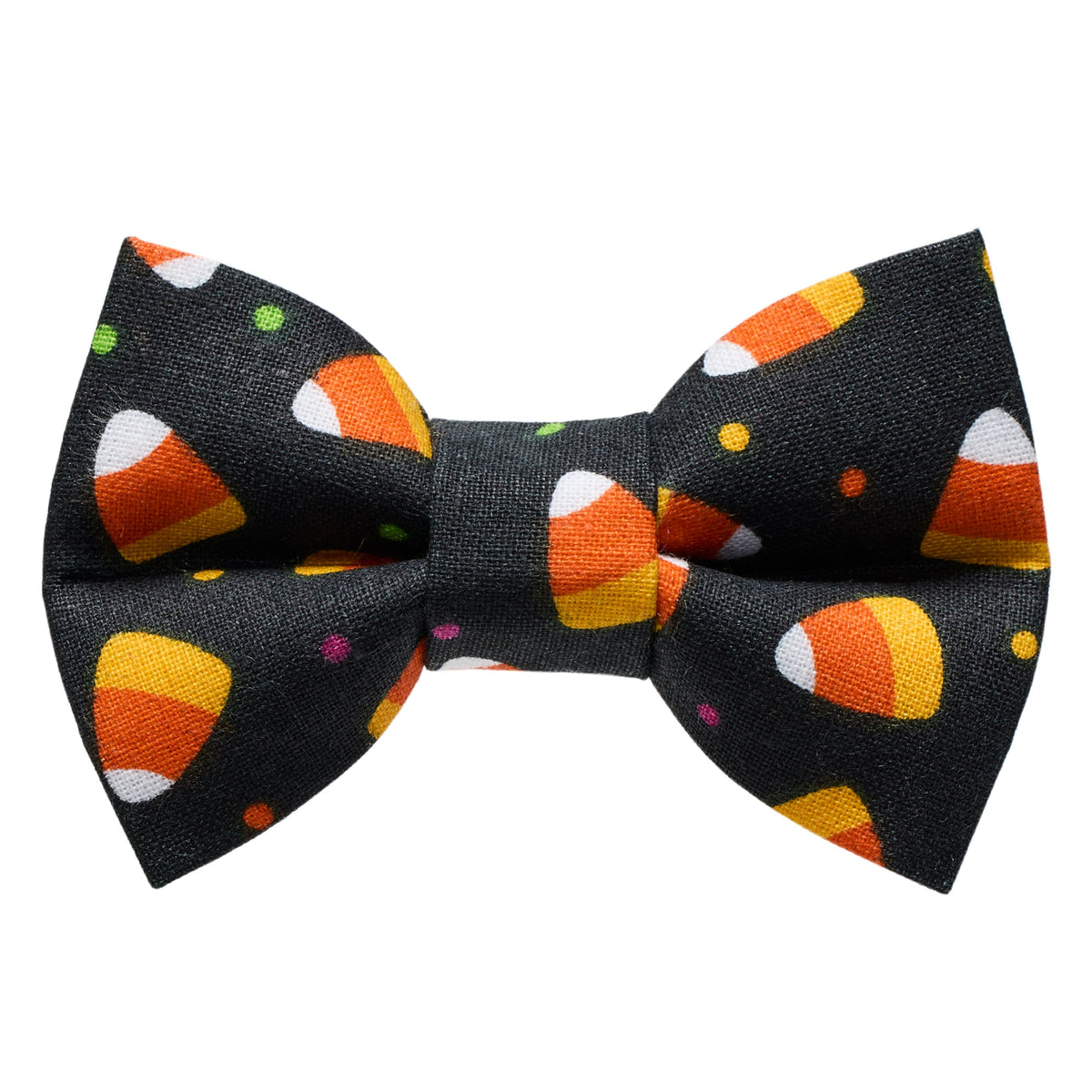 Sweet Pickles Designs The Sugar Rush bow tie with black fabric featuring candy corn and colorful dots