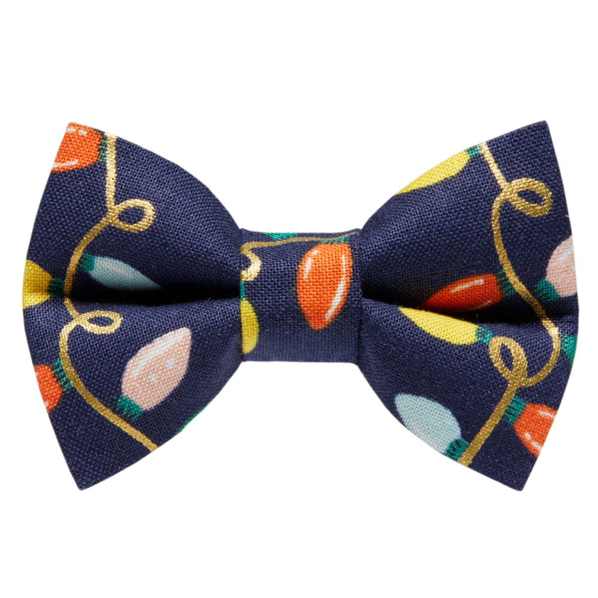 Sweet Pickles Designs Deck the Halls bow tie in navy blue with a colorful Christmas light bulb pattern