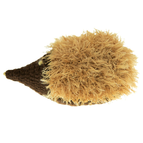 Mendota Pet Oomaloo hedgehog pet toy with brown crocheted face and shaggy tan back